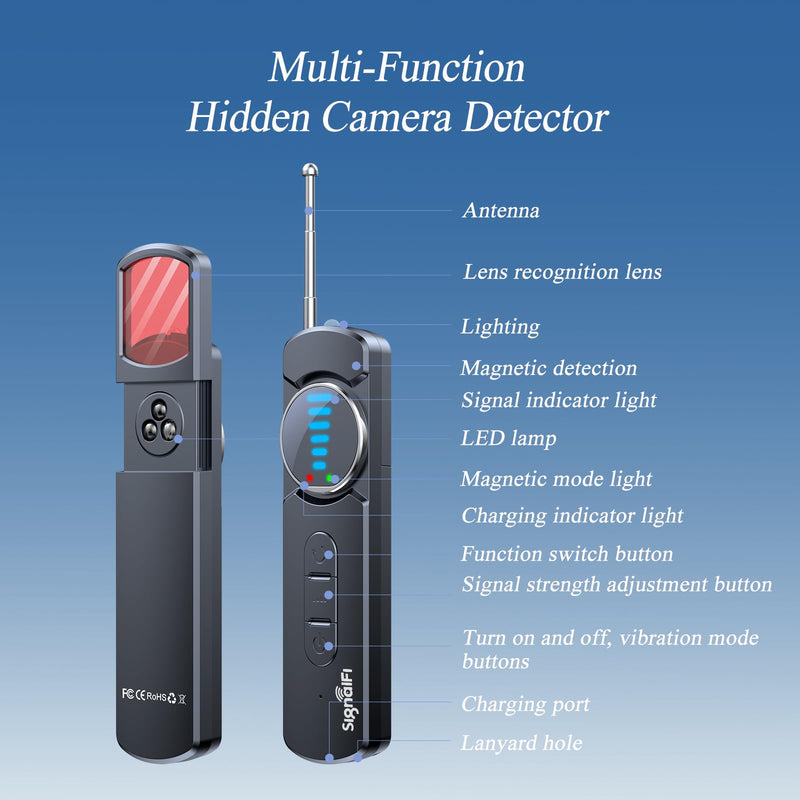 Hidden Camera Detector,Upgraded Hidden Bug and Camera Detector, Bug & GPS Tracker Detector Portable Privacy Protector for Travel/Hotel/Car, Camera Detector Spy Camera Finder with LED (Black)