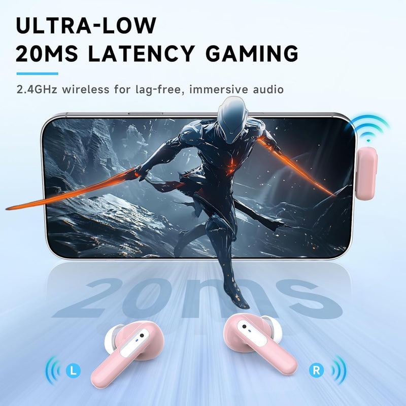 RYR Wireless Gaming Earbuds with Noise Cancelling Mic, 2.4Ghz & Bluetooth | 20ms Low Latency, LED Display, 36H Playtime for Meta Quest 3/2, PS5, PS4, VR, Switch, Steam Deck, PC, Phone Pink