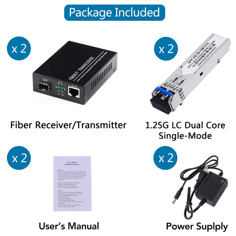 2 Pack 1.25G/s Bidi Gigabit Single-Mode Fiber to Ethernet Media Converter with 2PCS Bidi SFP LC Dual Transceiver Module Included, 10/100/1000Base-Tx to 1000Base-LX SMF RJ45 to SFP Slot up to 550M Include SingleMode LC Dual Core Port