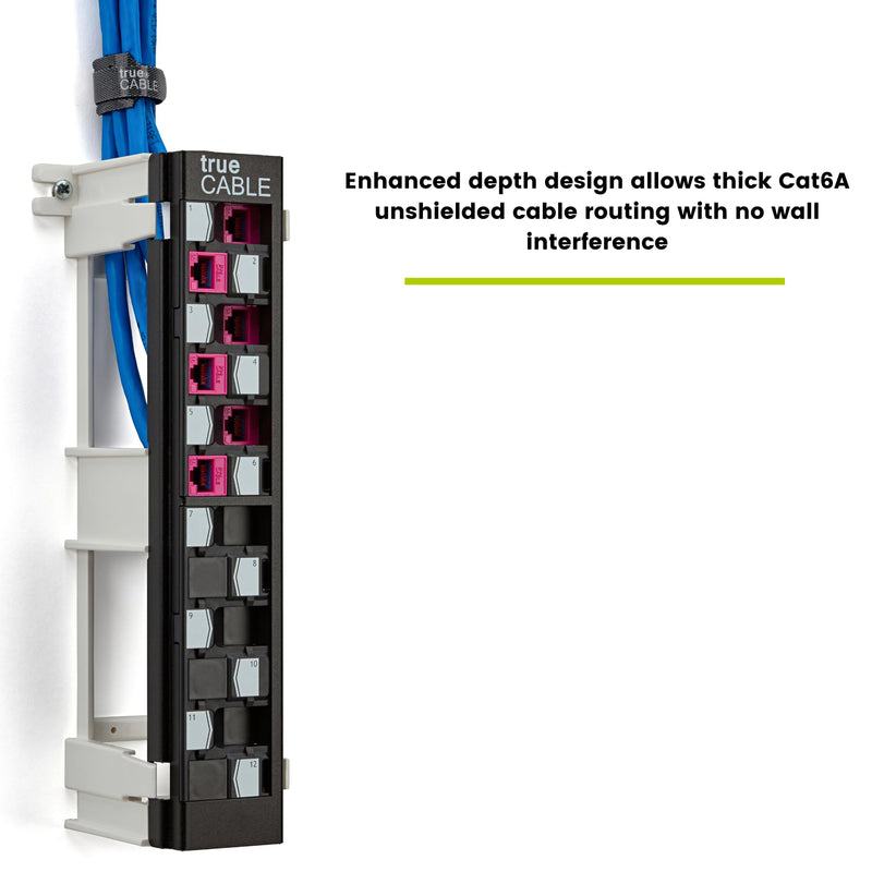 TRUE CABLE Cat6A Unshielded 12-Port Blank Toolless Modular Keystone Patch Panel, 3-D Staggered Design, Wall Mount with 89D Bracket & Mounting Hardware, High Density, Cat5e & Cat6 Compatible, Black