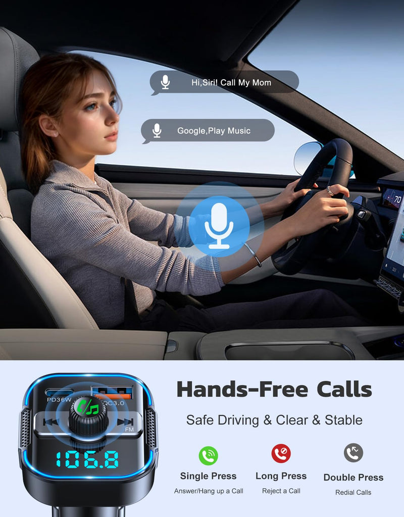 [AUSTRALIA] - RIWUSI Bluetooth 5.3 Car Adapter【PD 36W+QC3.0 18W】, 2-in-1 FM Bluetooth Transmitter 【Dual Stronger Mics】& Fast Car Charger, Wireless FM Radio Adapter Hands-Free Calling, Siri Assistant, Black 