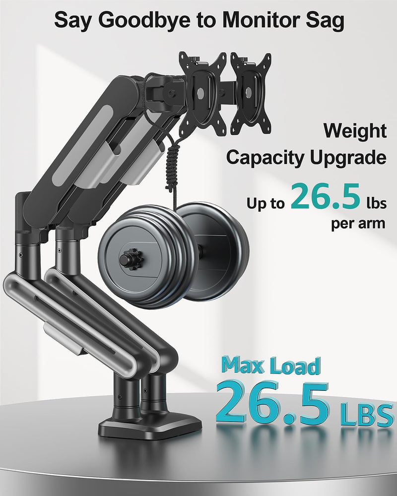 MOUNT PRO Dual Monitor Desk Mount, Pneumatic Monitor Arms for 2 Monitors Max 39 Inches, Adjustable Dual Computer Monitor Stand Each Arm Holds up to 26.5lbs, VESA Mount with C Clamp & Grommet Base Max 39"