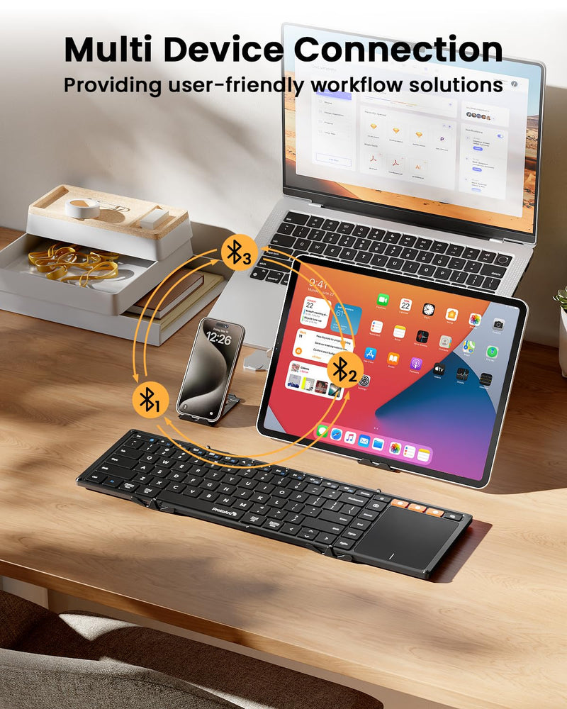 ProtoArc Foldable Keyboard with Touchpad, XK01 TP Folding Portable Keyboard, Full Size Keys, Large Trackpad Bluetooth Travel Keyboard for iPad, iPhone, Laptop PC Tablets -Black Black