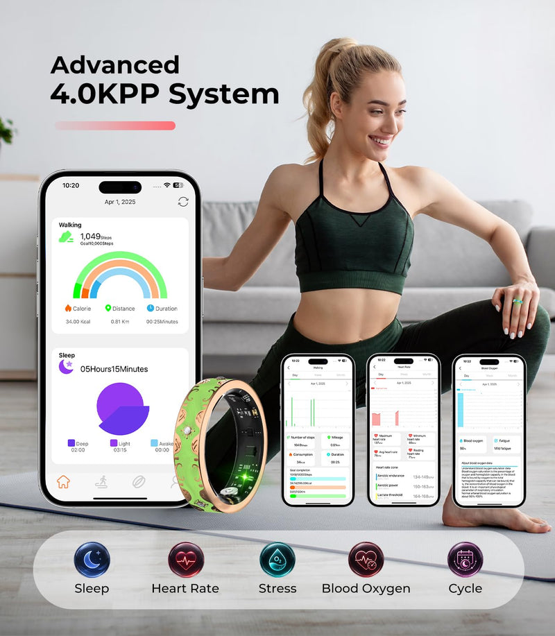 7 Gen Diamond Smart Ring 【Industry Rank 1-0 Measurement Error】 2026 Smart Ring for Women - Advanced Health Tracker for Wellness and Activity Tracking, Green 8# 8#