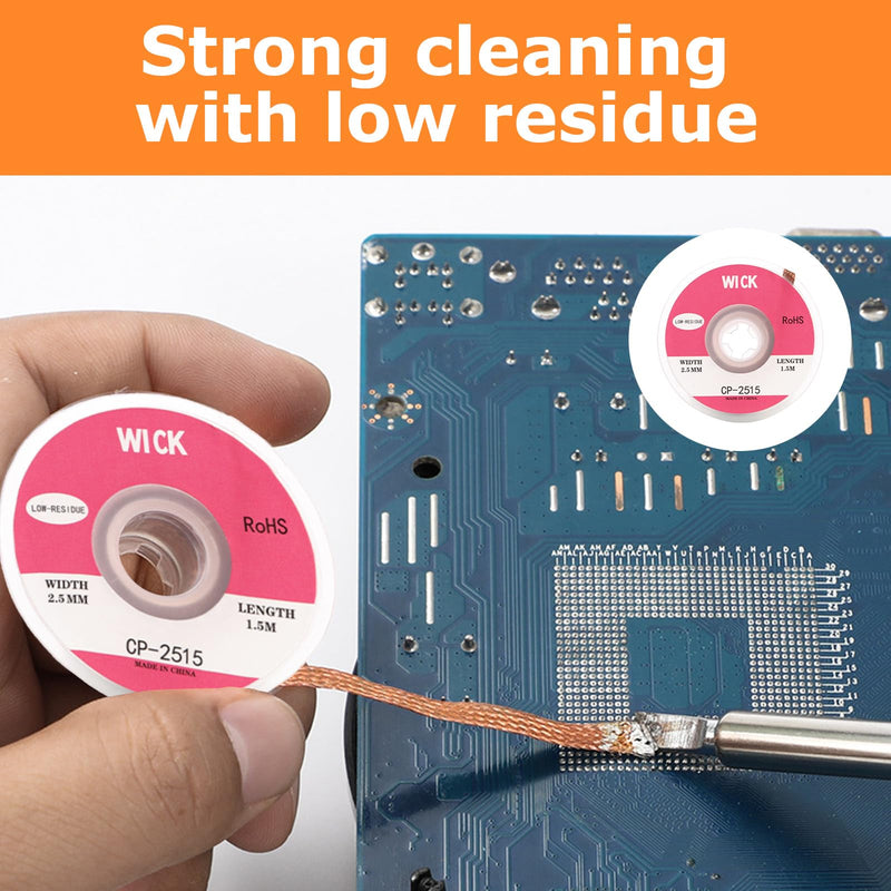 Pack of 2 Desoldering Braids with Flux, No Clean Desoldering Braid Made of Pure Copper, Premium Desoldering Wire for PCB Repairs, 2.5 mm Width, 1.5 m Length