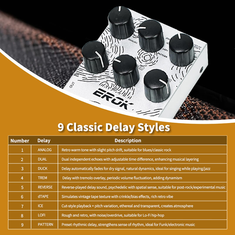 [AUSTRALIA] - EROK Digital Delay Guitar Pedal - 9 Modes (Analog/Reverse/dTAPE/Ice) with TAP Tempo & FREEZE, Max 3000ms Delay | Fits Blues/Rock/Jazz/Post - Rock 
