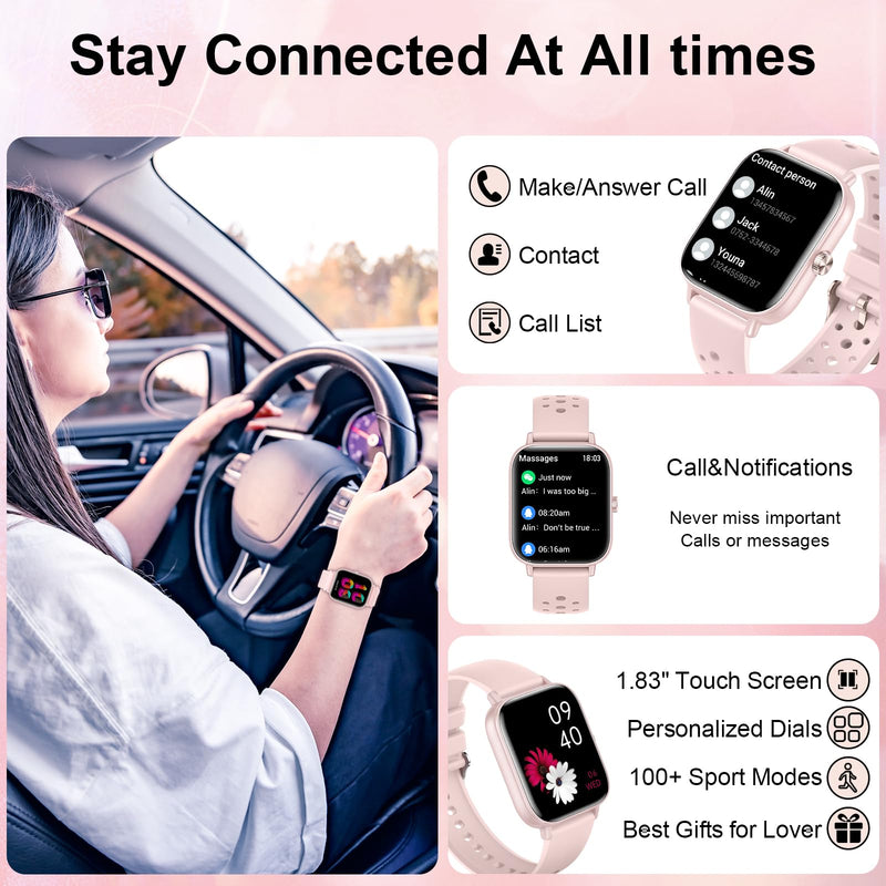 Smart Watches for Women,1.43" & 1.83" HD Watch with Calls and Messages/Heart Rate/Sleep/Female Cycle,Fitness Tracker Smartwatch for Android/iOS Compatible,Pink & Pink/3 Watch Straps