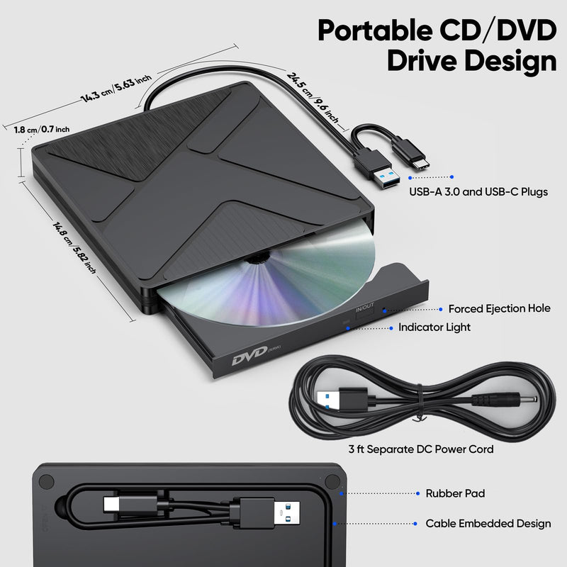 External DVD Drive, USB3.0/USBC DVD Player Reader Burner with Power Supply | for HP Lenovo Laptop MacBook Pro/Air/Neo mini PC, Win7/8/9/10 macOS Linux Black USB+USBC
