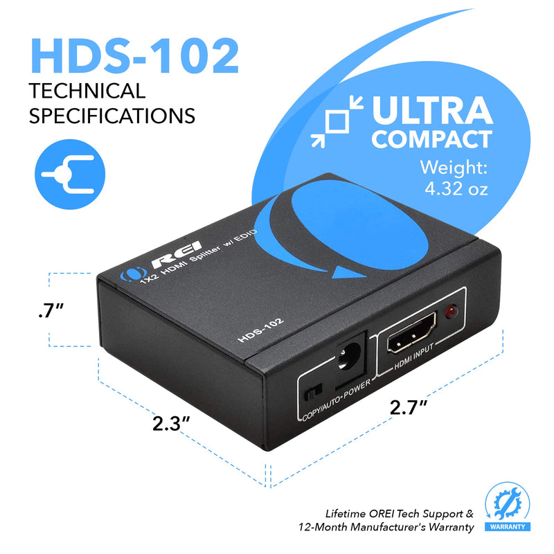 OREI 4K 1 in 2 Out HDMI Splitter Duplicate/Mirror Only UltraHD 4K @ 30 Hz 1x2 WILL NOT BYPASS HDCP HDMI Supports 3D Full HD 1080P for Xbox, PS4 PS3 Fire Stick Blu Ray Apple TV HDTV - Adapter Included 1x2 HDMI Splitter