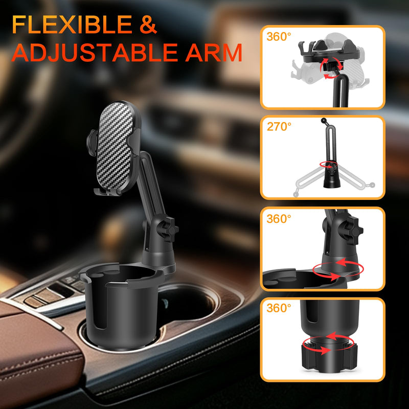 JPart Cup Phone Holder for Car, 2 in 1 Cup Holder Phone Mount with Adjustable Base and 360° Rotating Long Arm, Car Phone Holder Compatible with All Phones for Car Truck, Black - 1 Pack