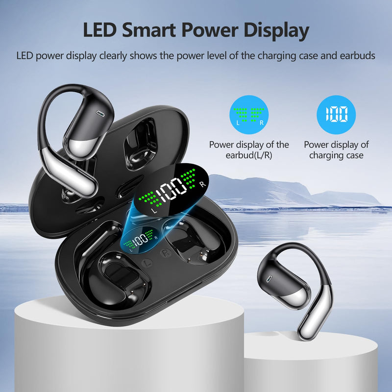Open Ear Bone Conduction Headphones，,Over Ear Earbuds with Ergonomic Earhook,Bluetooth Headphones 5.4 with Smart Digital Display,60H Playtime,IPX7 Waterproof,Touch Control Operate Running Fit Cycling Black