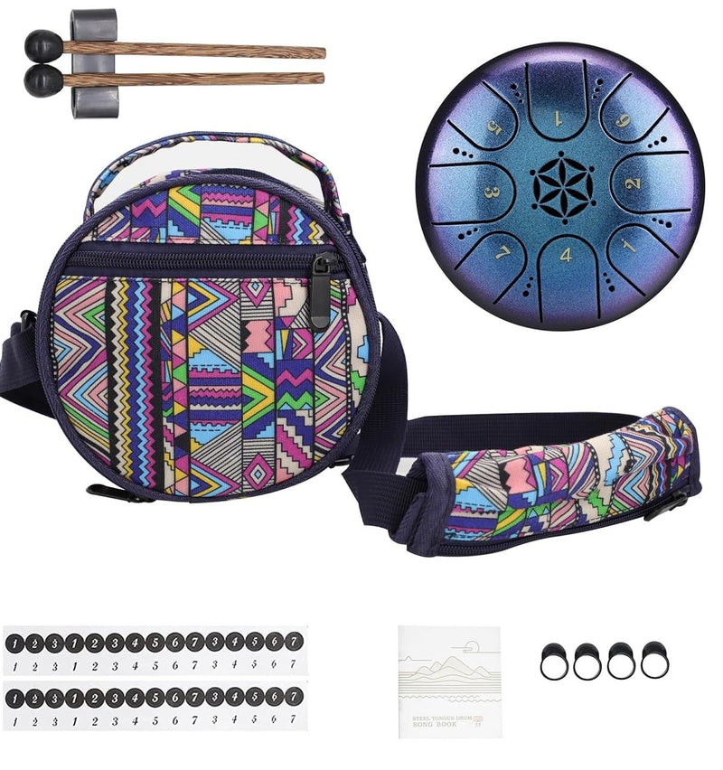 Rain Drum for Outside Garden, Steel Tongue Drum with Carry Bag, 5 Inch 8 Note Handpan Tank Drum Kit, C Major, Blue
