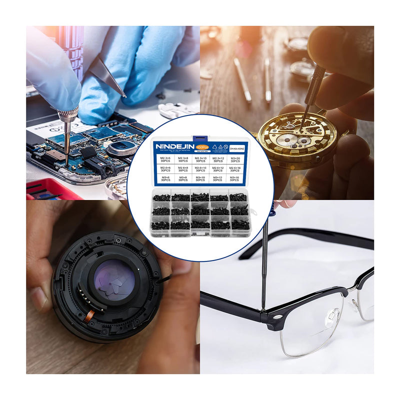 NINDEJIN 450PCS Miniature Phillips Flat Head Tapping Screws, M2.3 M2.6 M3 Countersunk Repair Screws Assortment Set, Black Self-Tapping Electronic Screw for Computer PC Pan Motherboard Glasses Watches | Carbon Steel, for Computer PC Pan Motherboard Glas...