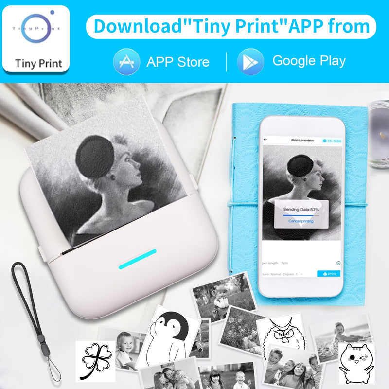 HuiJuKeJi Mini Sticker Printer Bluetooth Smart Pocket Inkless Thermal Printer with 11 Rolls Thermal Paper and Sticker for iOS&Android, Portable Receipt Printer for Photo Journal Notes Memo White