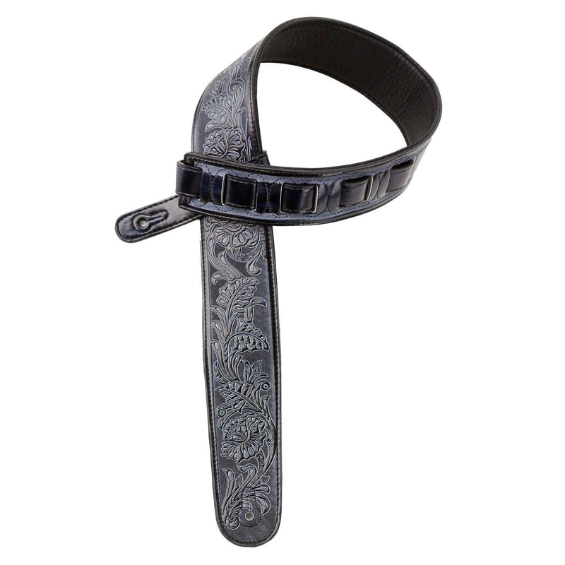 Walker & Williams DLX-282 Handmade Brushed Black Padded Guitar Strap with Embossed Tooling For Acoustic, Electric, And Bass Guitars
