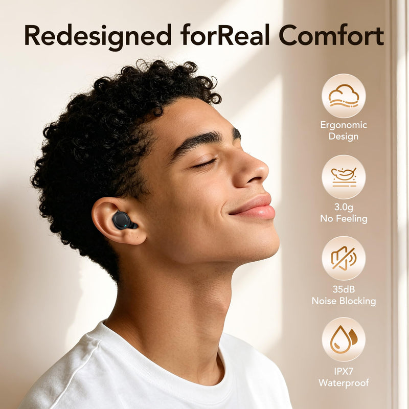 NE96 Sleep Earbuds Bluetooth 6.0 for Side Sleepers Mini Invisible Earbuds | Wireless Bluetooth Earbuds with Noise Blocking, Sleep Headphones, Comfortable Ear Plugs for Sleeping, 80H 3-size ear cap Deep Black