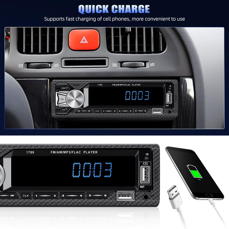 Single Din Car Stereo Bluetooth Hands Free Calling Car Audio Receivers with Digital LCD Display FM Car Radio MP3 Player Quick Charge USB/SD/AUX-in Built-in Microphone MP3+Quick Charge