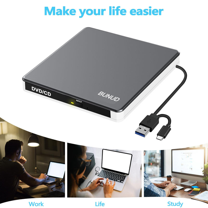 BUNUD External DVD Drive for Mac, Plug & Play with Reliable USB/SD/TF Ports | USB 3.0 & USB C DVD Player for Laptop PC, Portable CD Burner Reader SuperDrive for MacBook Windows, Aluminum Alloy, Grey