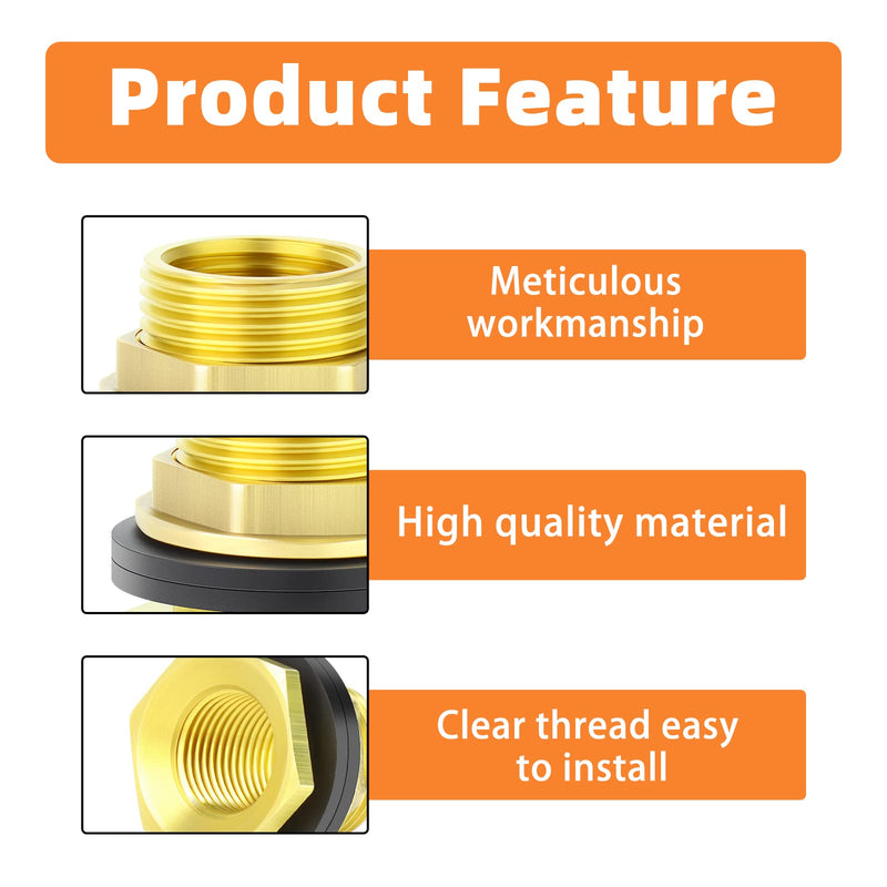 [AUSTRALIA] - GASHER 8PCS Brass 1/2" Female 3/4" Male Bulkhead Tank Connector Adapter Fitting with Rubber Ring 1/2" Female-3/4" Male Without End Caps 8 