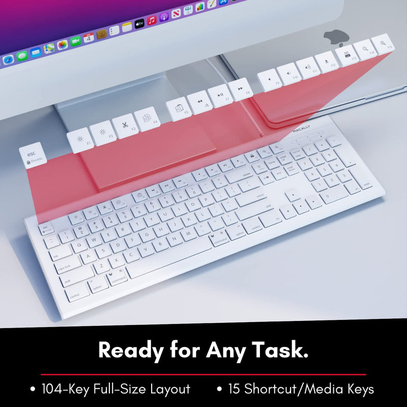 Macally Full Size USB Wired Keyboard for Mac and PC - Plug & Play Wired Computer Keyboard - Compatible Apple Keyboard with 15 Shortcut Keys for Easy Controls & Navigation - White Wired USB