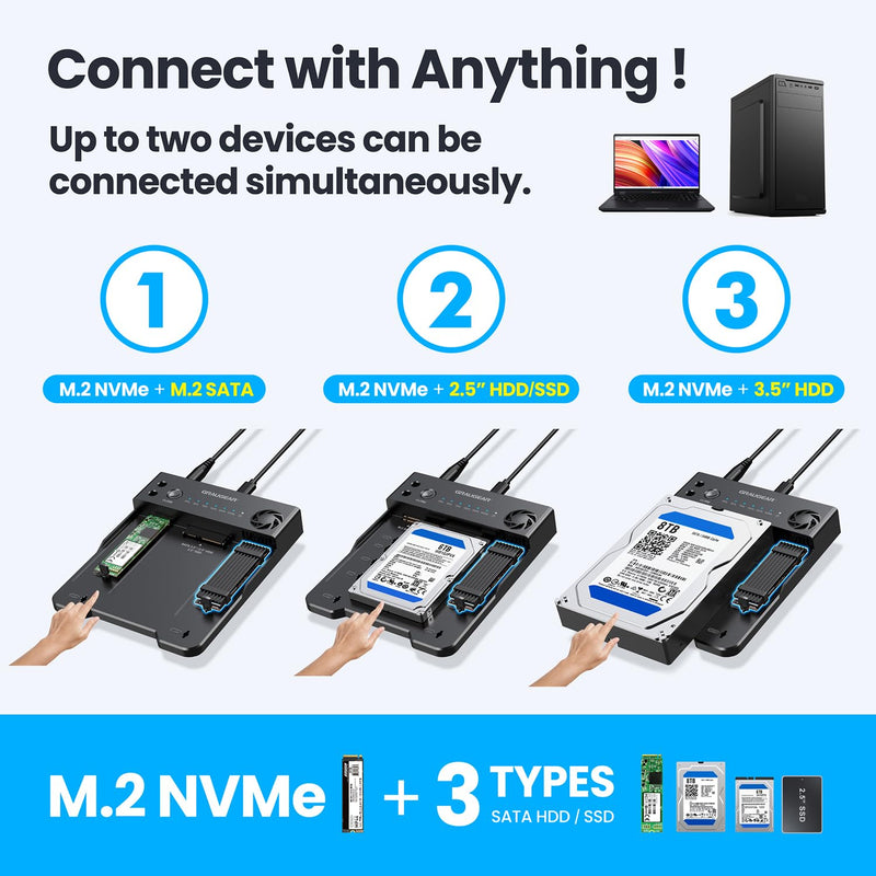 GRAUGEAR NVMe M.2 & SATA SSD/HDD Hard Drive Docking Station, USB-C 10Gbps NVMe Reader, SATA to M.2 NVMe Cloner, 2.5/3.5 SATA Enclosure Lay-Flat Clone Station, Dual Bay Offline Clone