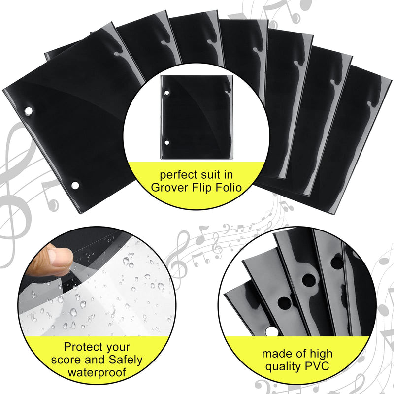 12 Pieces Flip Folder Pages Flip Folio Marching Band Music Files Holder Sheet Musical Flip Folder with 2 Holes 7.5 x 6.3 Inches PVC Waterproof Window Pages for Music Files (Black, Single Side) Black