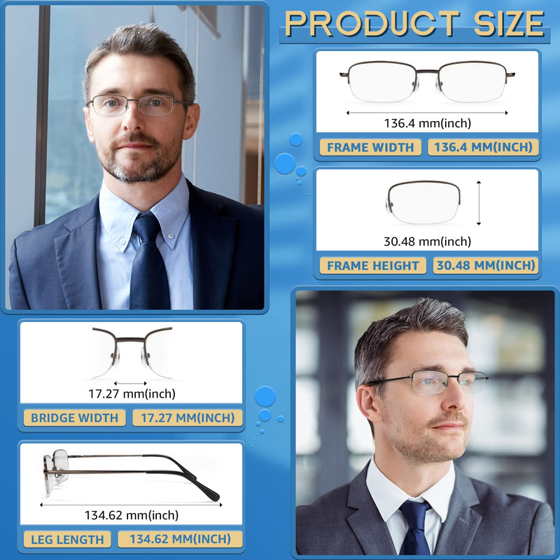 NOVIVON 5 Pack Reading Glasses for Men, Metal Blue Light Blocking Readers with Spring Hinges, Anti Eye Strain Eyeglasses (Gunmetal*2, Gold, Silver, Brown, 2.0)