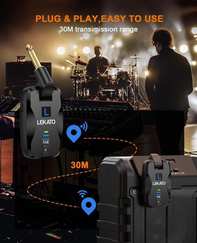 LEKATO 2.4Ghz Wireless Guitar System Exclusive Mute Plug for Electric Guitar Bass, Audio Wireless Guitar Transmitter and Receiver with 18 Channels Rechargeable Guitar Wireless System for Guitar