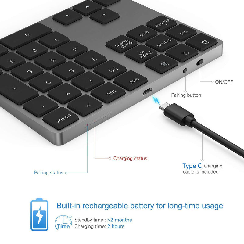 Lekvey Bluetooth Number Pad, Aluminum Rechargeable Wireless Numeric Keypad | Slim 34-Keys for Macbook, MacBook Air/Pro, iMac, Laptop, Windows, Surface Pro etc, External Numpad Keyboard Data Entry, Black Bluetooth - Black
