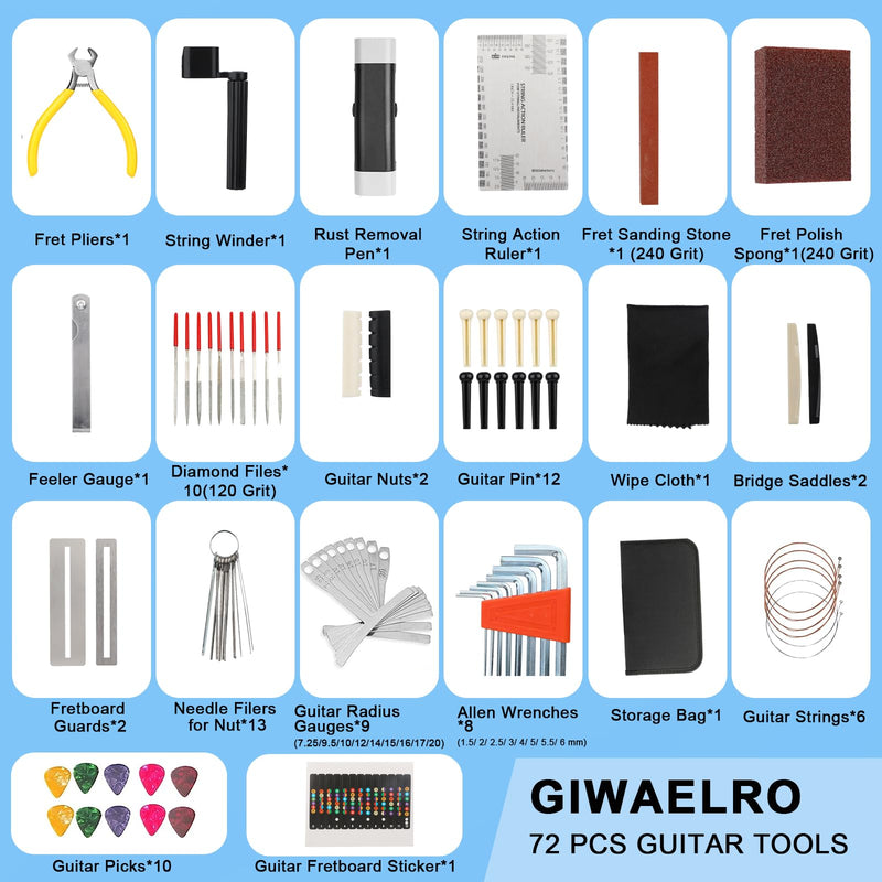 72 PCS Guitar Tool Kit for Set Up, Intonation Adjustment and Repair, Maintenance Kit for Bass Banjo and Ukulele, Accessories for Guitar Enthusiast Black