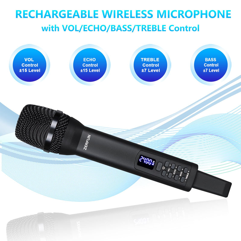 Rechargeable Wireless Microphone, Pro Handheld Cordless Mics System Dynamic with Echo Treble BASS VOL Control for Karaoke Singing Church Party, 1/4'' Output, D240, Black 1 Mic
