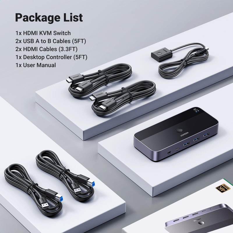 UGREEN HDMI KVM Switch 1 Monitor 2 Computers, Aluminum, 4K@60Hz | with 4 USB 3.0 Ports, for 2 PCs Sharing 1 Monitor Keyboard Mouse Hard Drives Printer, with 2 HDMI+2 USB Cables and Controller