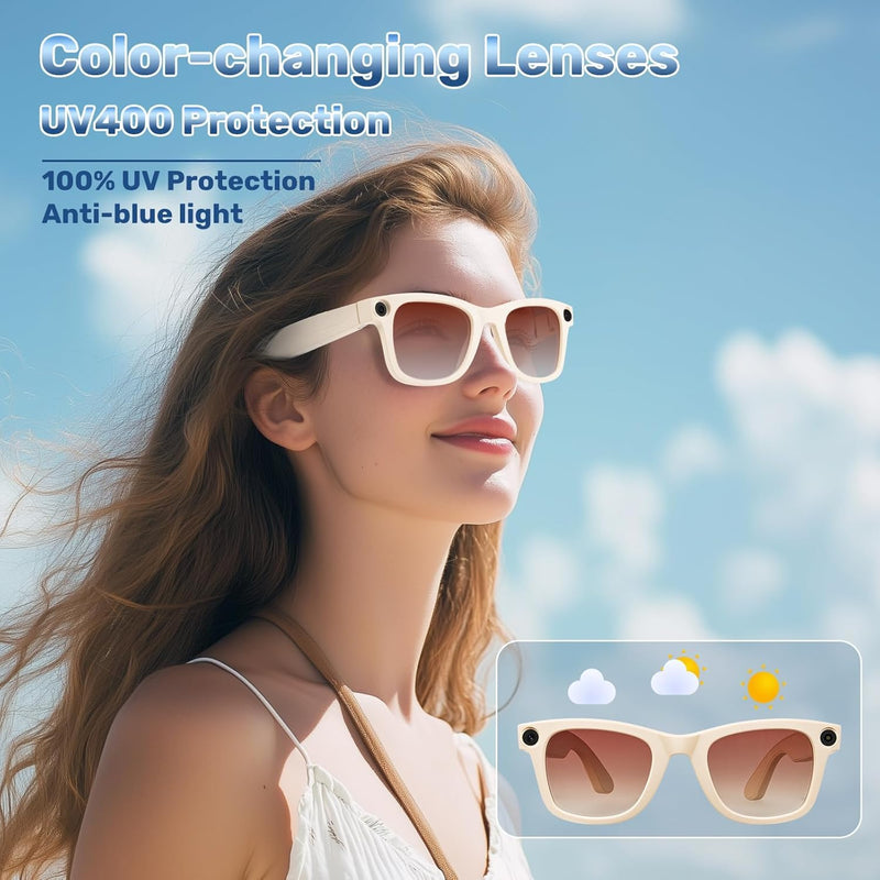 Woostar AI Smart Glasses Camera, 1080P Video Recording Glasses, Real Time Translation, Recording and Photo Taking, AI Voice Assistant, Open-Ear Audio