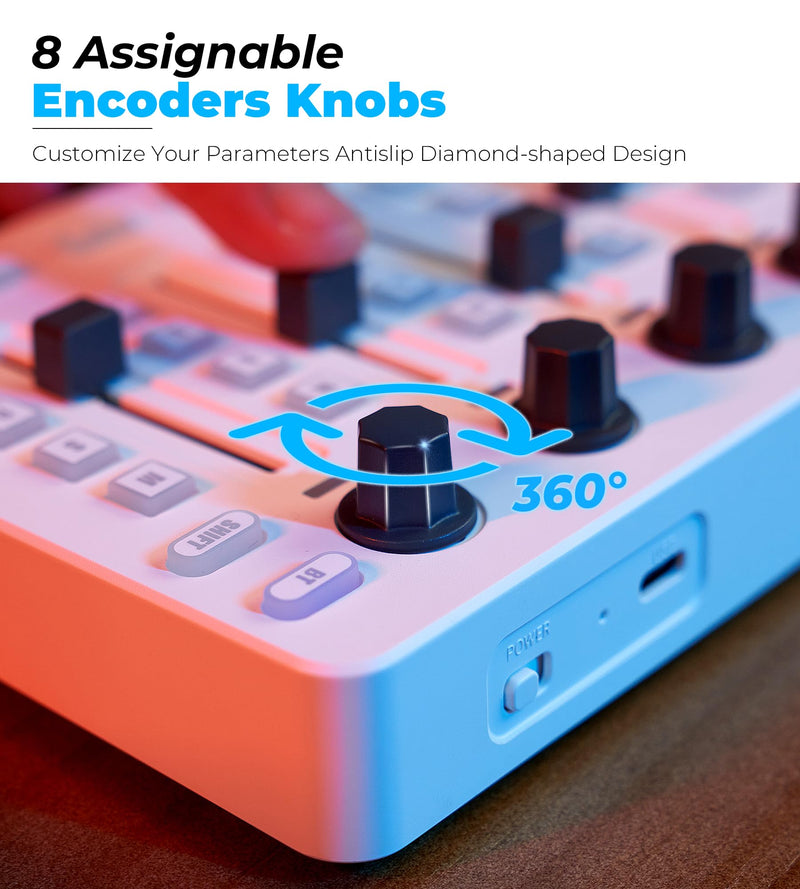 Vangoa Wireless Midi Controller Mixer Mute, Portable USB Midi Keyboard controlador Mixing Console 43 Backlit Button, 8 Channel Faders with LED indicator, 8 Assignable Endless Knobs for Daw, Mac, PC White Midi Mixer
