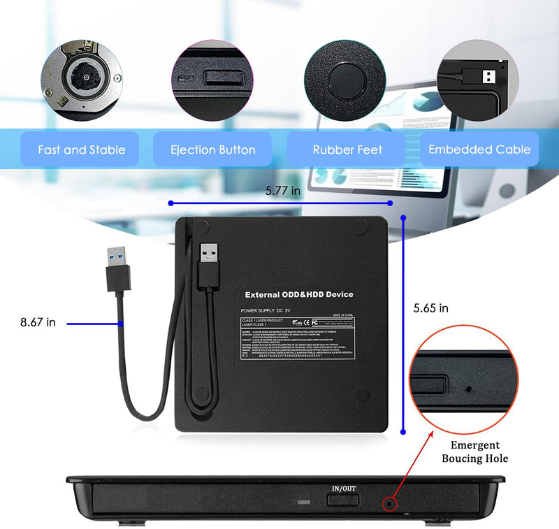 Antika External CD Drive USB 3.0 Portable Slim External DVD Drive CD DVD +/-RW ROM Burner Writer/Player for MacBook Pro Laptop/Desktops Win 11/10/7/8.1 (Black) Black