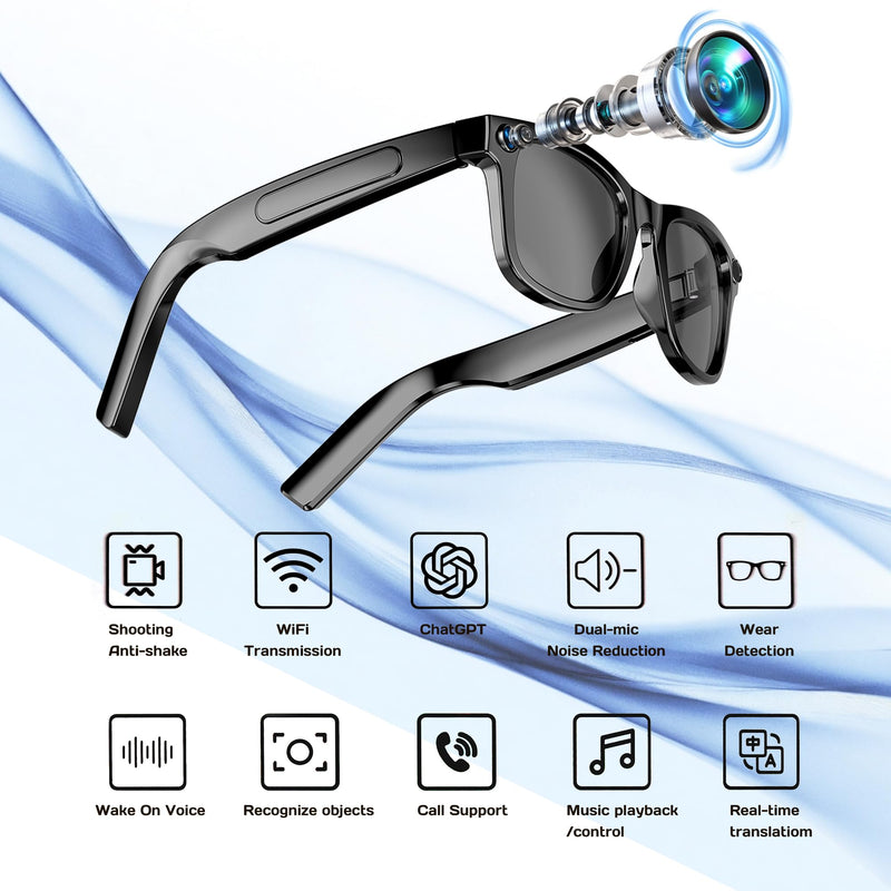 AI Smart Glasses with Camera, 8MP HD Video & Photo Capture for Travel | Video Recording Sunglasses, Open-Ear Audio, RealTime Translation, Interchangeable Blue Light & UV Protection Lenses