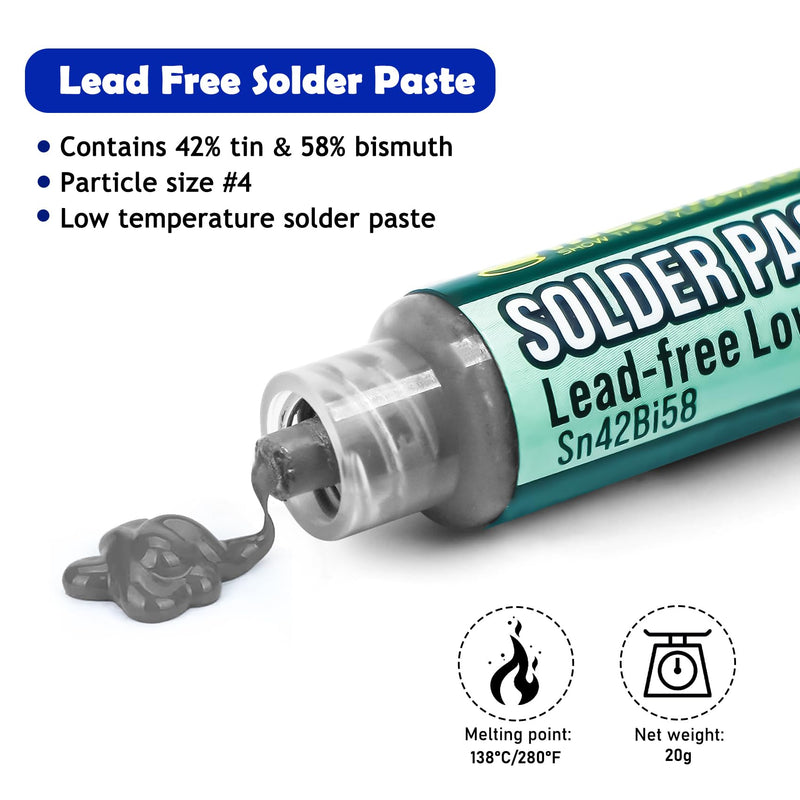 Syringe Soldering Paste, Sn42 Bi58 Soldering Paste SMD, Lead-Free Soldering Paste with 2 Dosing Tools and Push Rods, No Cleaning Required, Low Temperature 138°C, for BGA SMT Solder (20g)