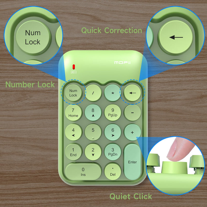 [AUSTRALIA] - MOFII Wireless Number Pads - Green Numeric Keypad 18 Keys USB 2.4G Round Keycap Colorful Extensions Keypads, Financial Accounting Portable Numpad 10 Key for Laptop/PC/Notebook/Surface Pro 