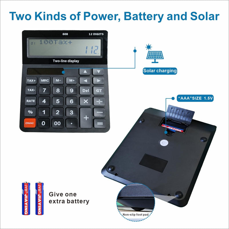 DECKLIT Battery and Solar Unique 120-Step Calculation Check 12 Digit 2 Line Extra Large Calculator Big Buttons and 5.5" LCD Display, Configurable Tax Rate Financial Calculator for Tax Calculations 2 line black