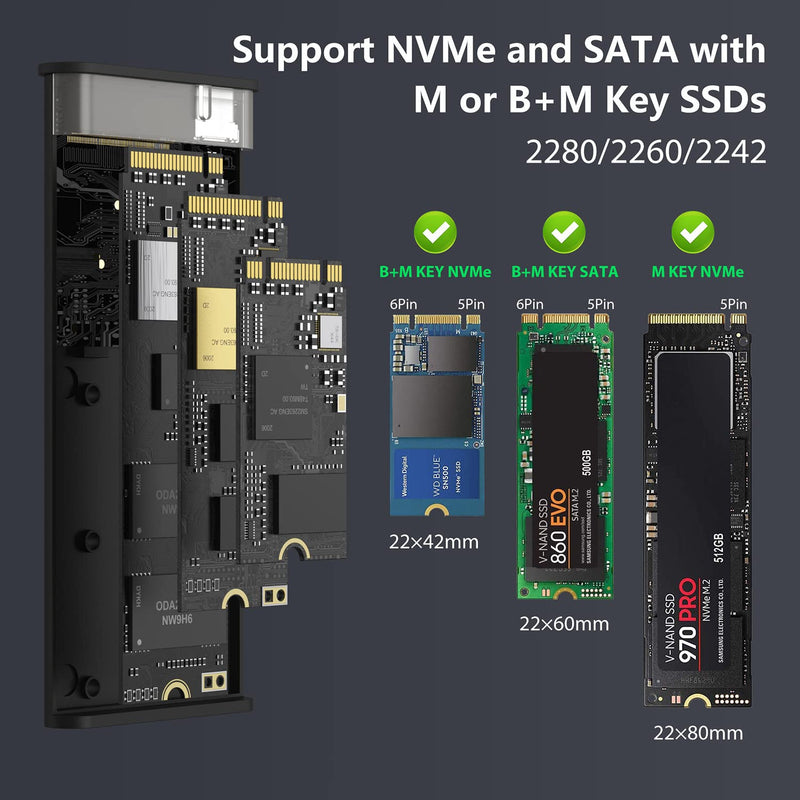 MOKiN M.2 NVME SATA SSD Enclosure Adapter Tool-Free, RTL9210B Chips, USB C 3.1 Gen 2 10Gbps NVME, 6Gbps SATA PCIe M-Key(B+M Key), External Solid State Drive Support UASP Trim for 2242/2260/2280 SSD