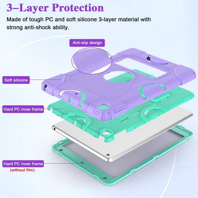for iPad 9th Generation Case, iPad 8th 7th Generation Case, iPad 10.2 Inch 2021/2020/2019 Case, Heavy Duty Rugged Shockproof Protective Cover with Kickstand for Kids Purple/Green