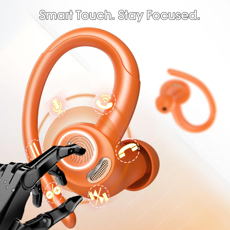 Wireless Earbuds with Earhook, 48H Deep Bass/ENC Mic Ear Bud Pumpkin Orange | Wireless Earphone with LED Display, Bluetooth 5.3 Headphones In Ear, IPX7 Waterproof Over Ear Buds for Running/Workout