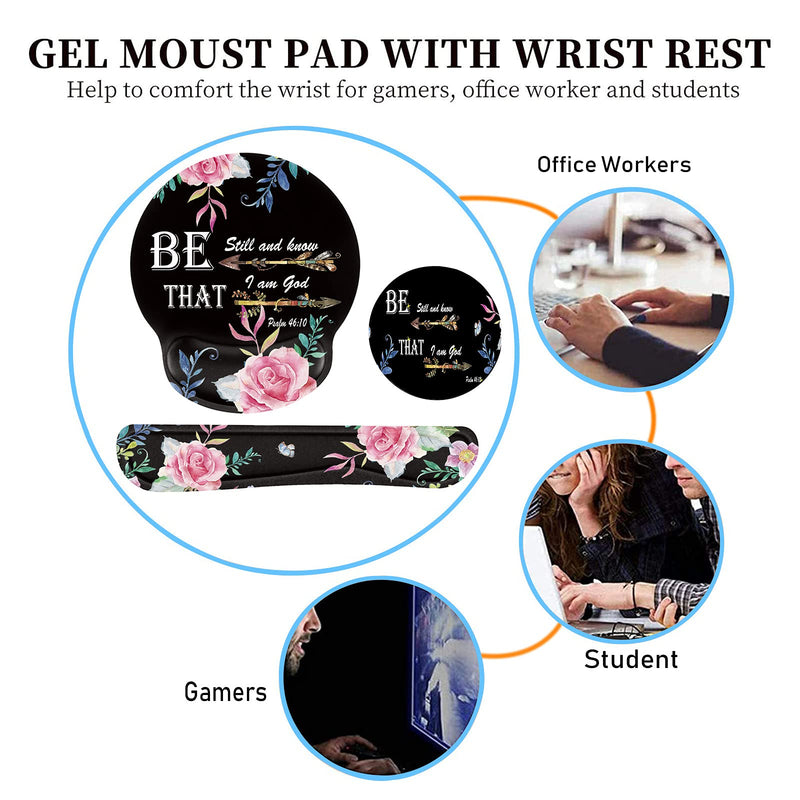 Keyboard Wrist Rest and Mouse Pad Wrist Support Set with Coffee Coaster, Non-Slip PU Base for Gaming and Office, Comfortable & Lightweight for Easy Typing & Pain Relief,Flower Bible Verse Psalm 46:10 Flower Bible Verse Psalm 46:10
