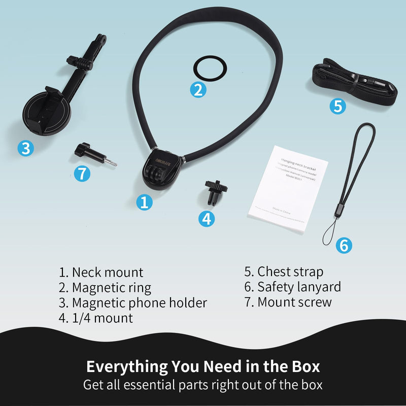 Neck Phone Holder and POV Chest Mount with 1.5m Strap | Magnetic and clip-on mounting for hands-free filming while walking, cooking, hiking or vlogging; fits iPhone 12-17.