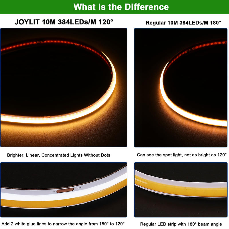 [AUSTRALIA] - JOYLIT 24V 32.8FT/10M COB LED Strip Lights 120° 2700K Warm White Indoor 384LEDs/M High Density 7650LM Super Bright CRI 90+ Dotless Adhesive LED Tape Light for Bedroom, Kitchen, Commercial 32.8FT DC 24V 384LEDs/M 