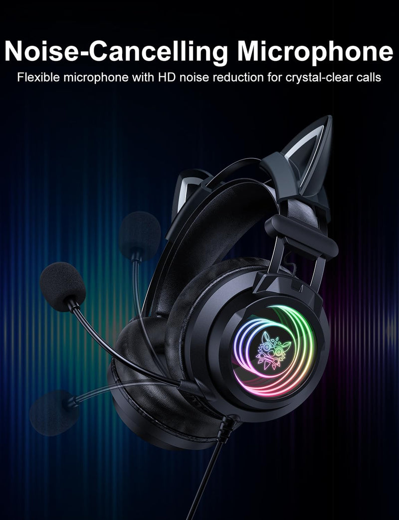 [AUSTRALIA] - Gaming Headset with Microphone, Detachable Cat Ears, Abyssal Mirror RGB Light, 50 MM Drivers Surround Sound, Lightweight Gaming Headphones for PC/Laptop/PS4/PS5/Switch 