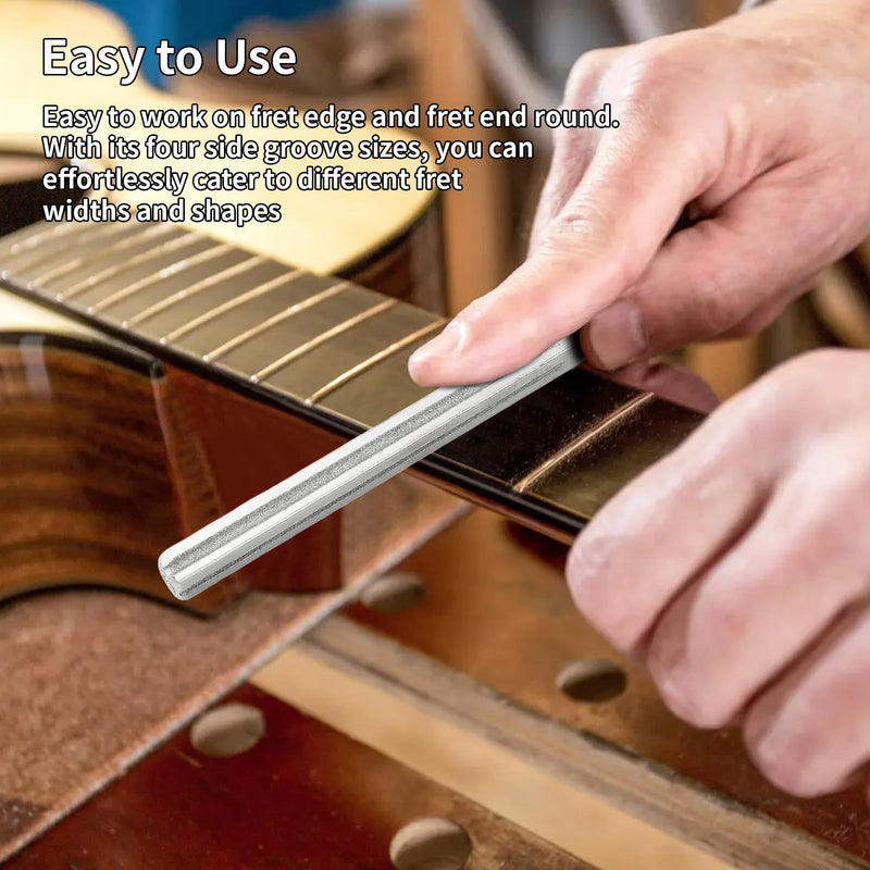 Guitar Fret Crowning File Fret Repairing Tools with 4 Size Edges Narrow/Medium/Wide Notch Edges and Flat Edges Wood Handle Luthier Tools for Guitars Ukuleles Bass Banjo Mandolin