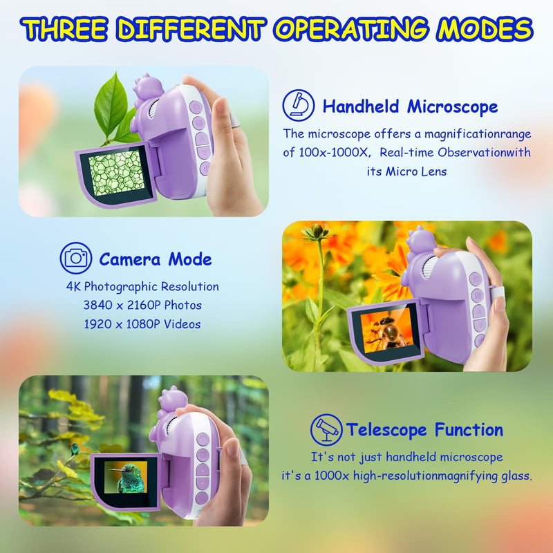 Microscope for Kids,Handheld Kids Microscope – 1000X Magnification,2'' HD Screen,1080P Camera,Built-in Telescope,STEM Educational Toy,Christmas/Birthday Gift for Ages 3-12 (Purple) Purple