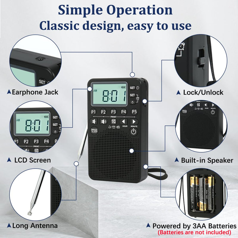[AUSTRALIA] - AM FM Portable Pocket Radio, Battery Operated, Digital Tuning, Excellent Reception, Loud Speaker, Long Lasting, LCD Screen, Alarm Clock, Easy to use, Handheld Emergency Radio for Indoor & Outdoor 