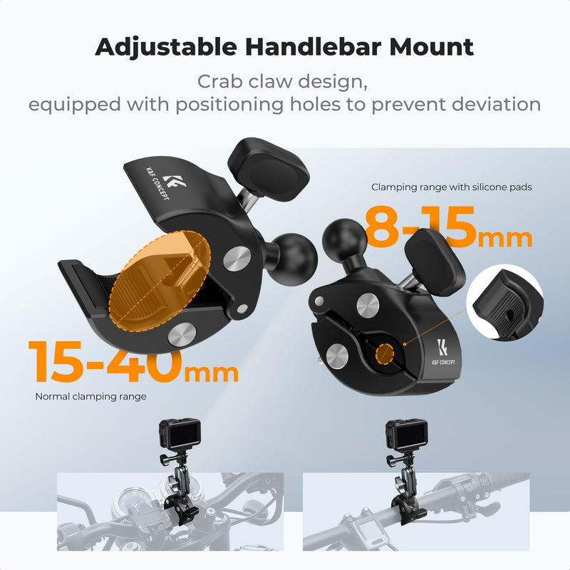 K&F CONCEPT Super Clamp Camera Mount with 360° Dual Ball Head, Bike/Motorcycle Handlebar Mount Compatible with DJI Action 6/5/4/3, Hero 13/12/11/10, 360 X5 X4 Super Clamp with Phone Holder